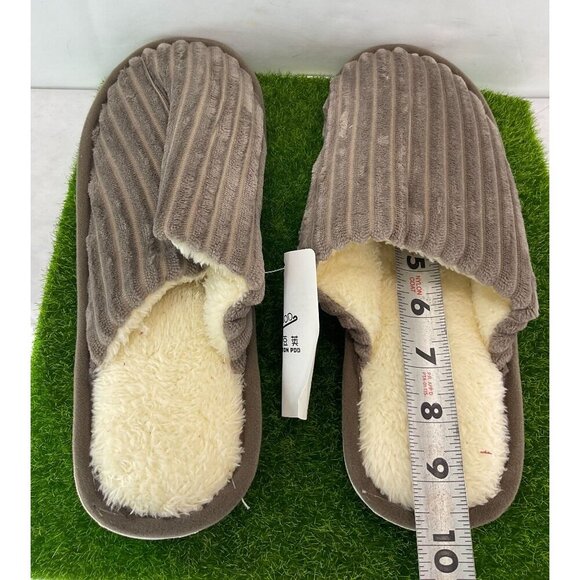 New Mens Size 42-43 Gray Ribbed Plush Slippers With Faux Fur Lining & Non-Slip S - Picture 2 of 8